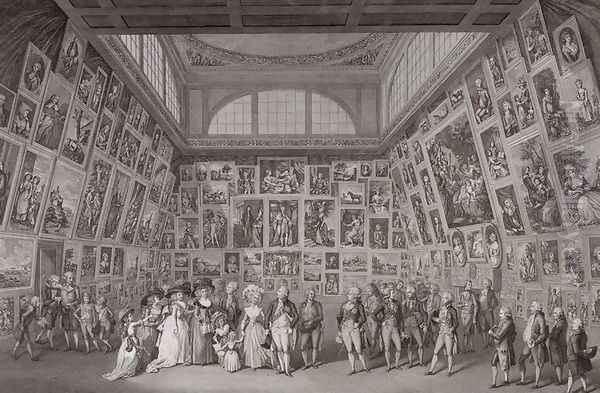 Interior view of Somerset House showing King George III (1738-1820), Queen Charlotte (1744-1818) and the Royal family viewing an exhibition of the Royal Academy of Arts in 1788, 1788 Oil Painting by Johann Heinrich Ramberg