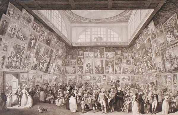 Interior view of Somerset House showing an exhibition of the Royal Academy of Arts in 1787, 1787 Oil Painting by Johann Heinrich Ramberg