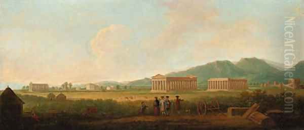 A view of Paestum, with Grand Tourists Oil Painting by Gabriele Ricciardelli