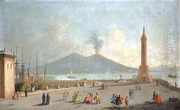 The Lanterna del Molo, Naples, with figures, the bay and Vesuvius beyond Oil Painting by Gabriele Ricciardelli