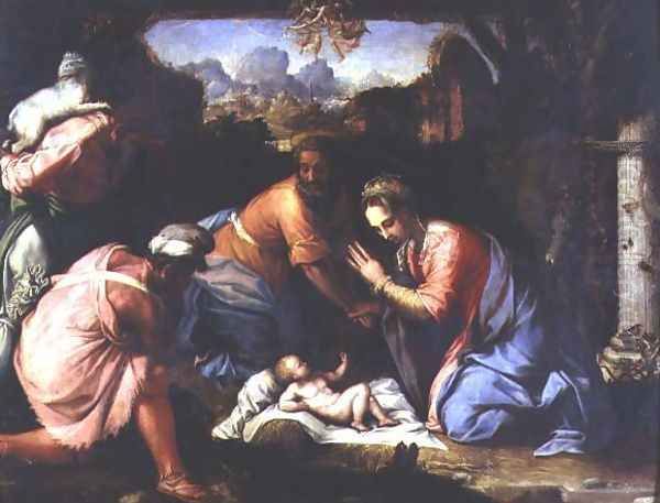 Adoration of the Shepherds, c.1525 Oil Painting by Francesco de' Rossi