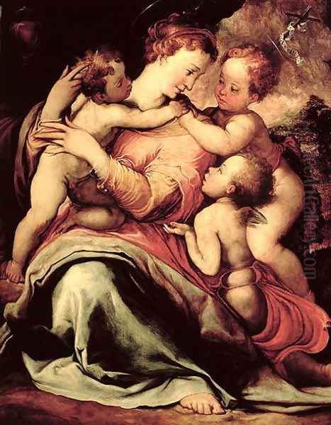 Madonna and Child with an Angel and the Infant St. John the Baptist Oil Painting by Francesco de' Rossi