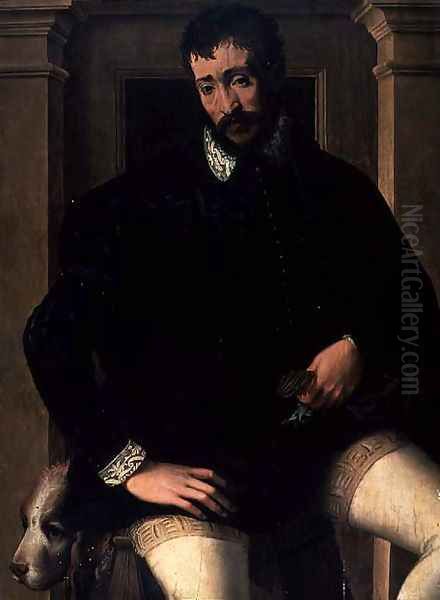 Portrait of a Gentleman Wearing a Black Embroidered Doublet and Cloak Oil Painting by Francesco de' Rossi