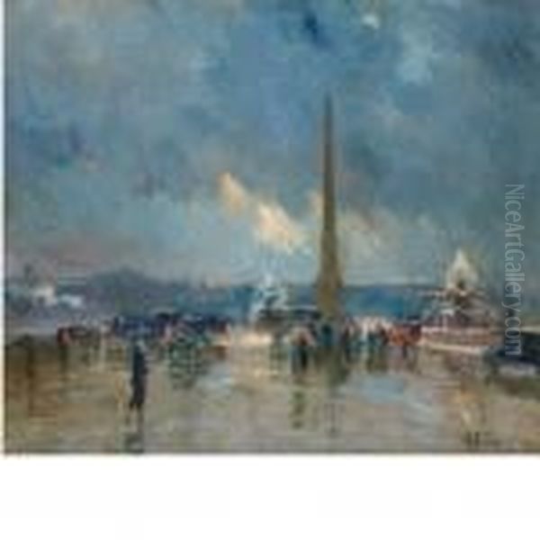 La Place De La Concorde In The Rain Oil Painting by Elie Anatole Pavil