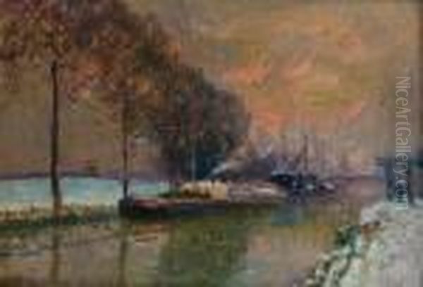 Paris, Neige Sur Le Canal De L'ourcq Oil Painting by Elie Anatole Pavil