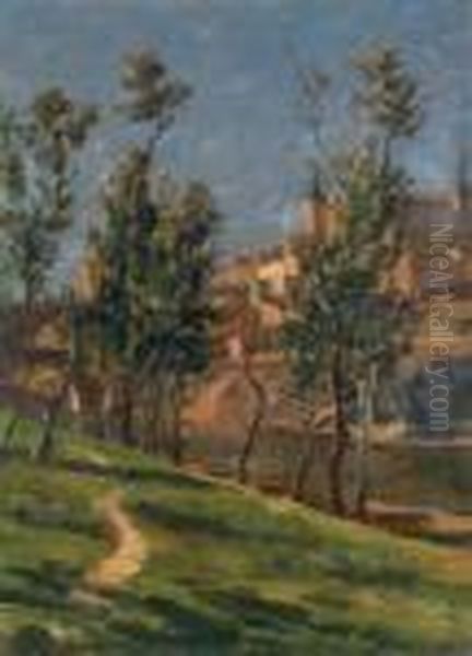 Arbres Devant La Ville Fortifiee Oil Painting by Elie Anatole Pavil