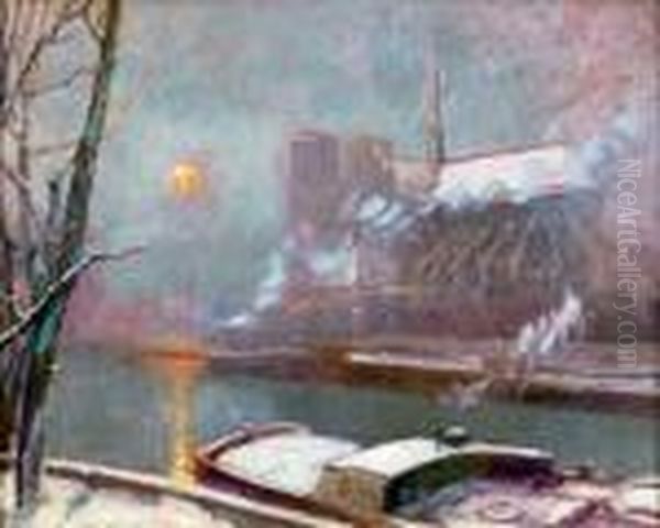 Quai De La Tournelle, Au Coucher Du Soleil En Hiver Oil Painting by Elie Anatole Pavil