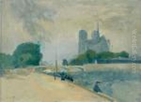 Les Quais, Vue Du Chevet De Notre Dame Oil Painting by Elie Anatole Pavil