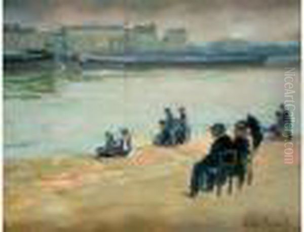 Les Quais De Seine Animes Oil Painting by Elie Anatole Pavil