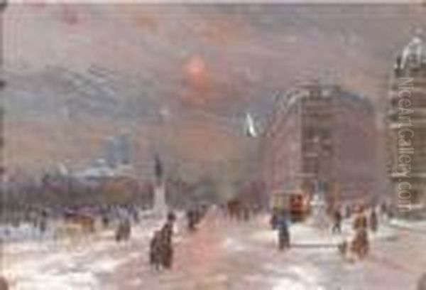 Winter: A Busy Street At Dusk Oil Painting by Elie Anatole Pavil