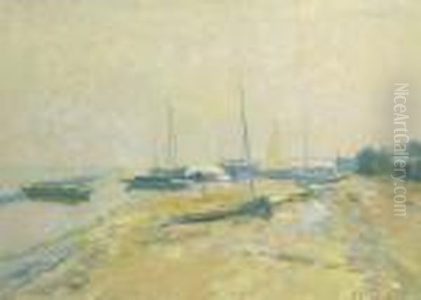 Sailing Boats On A River-bank Oil Painting by Elie Anatole Pavil