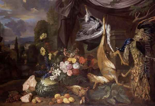 Still-Life with Flowers and Fowl Oil Painting by Pieter Andreas Rysbrack