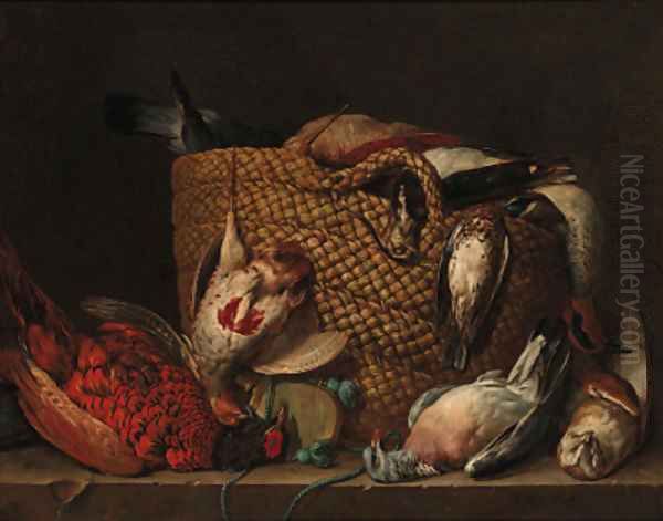 A pheasant, pigeon, owl, and a basket with a partridge, duck, lapwing and woodcock on a ledge Oil Painting by Pieter Andreas Rysbrack