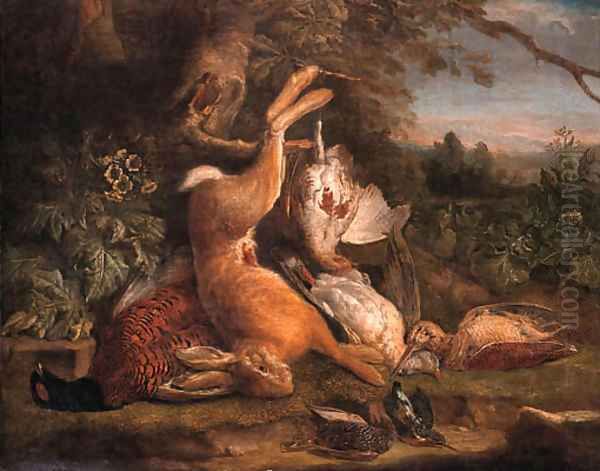 A dead hare hanging from a tree with a dead pheasant, a snipe, a dove, a patridge and dead songbirds on a mossy bank in a landscape Oil Painting by Pieter Andreas Rysbrack