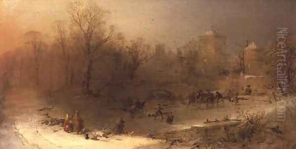 A Winter Landscape with curlers on a frozen lake Oil Painting by John Ritchie