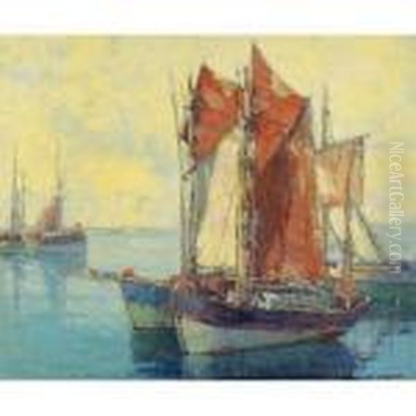 Boats In A Harbor Oil Painting by Edgar Alwin Payne