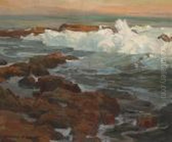 Waves Breaking Along A Rocky Coast Oil Painting by Edgar Alwin Payne