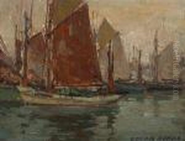 Fishing Boats In A Harbor Oil Painting by Edgar Alwin Payne