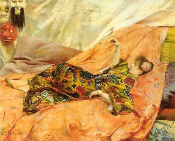 A Portrait of Sarah Bernhardt, reclining in a chinois interior Oil Painting by Georges Antoine Rochegrosse