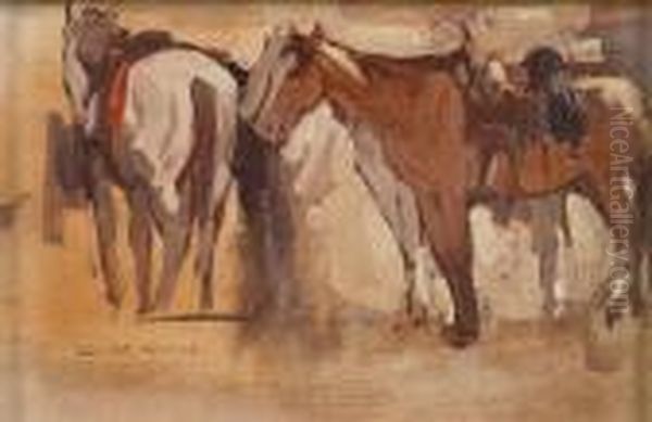 Study Of Saddled Horses Oil Painting by Edgar Alwin Payne