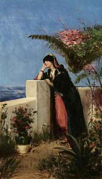 Young Woman on the Terrace (Rêverie sur la terrasse) Oil Painting by Georges Antoine Rochegrosse