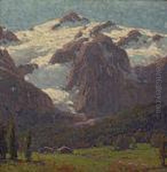 Cabins Beneath An Alpine Glacier Oil Painting by Edgar Alwin Payne