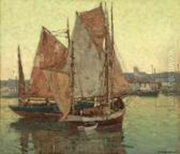 Evening , Brittany Boats In Harbor Oil Painting by Edgar Alwin Payne