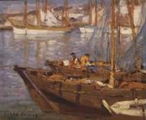 Fishing Boats, Blue Nets Oil Painting by Edgar Alwin Payne