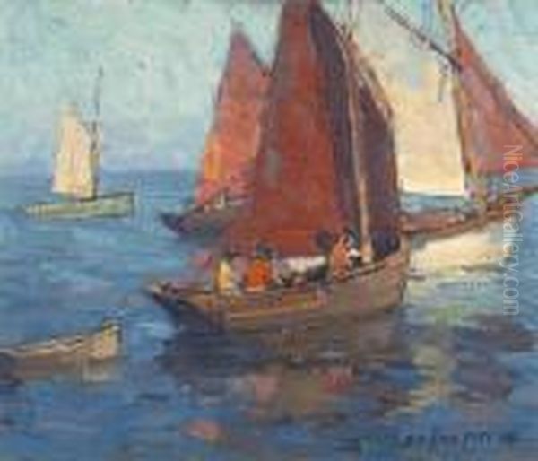 Figures In Sailboats On Calm Waters Oil Painting by Edgar Alwin Payne