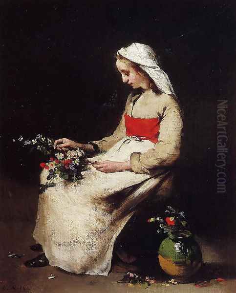 A Girl Arranging A Vase Of Flowers Oil Painting by Theodule Augustine Ribot