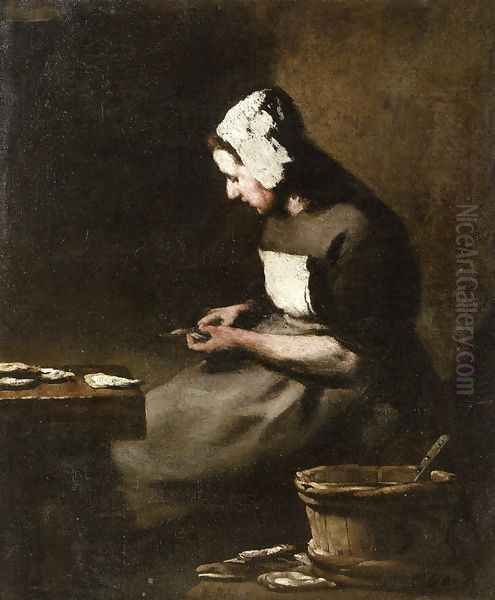 Shucking Oysters Oil Painting by Theodule Augustine Ribot