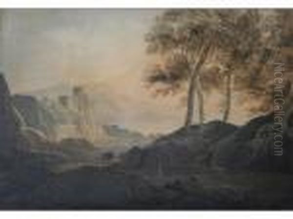 Figures In A Landscape Beneath Ruined Towers Oil Painting by William Payne