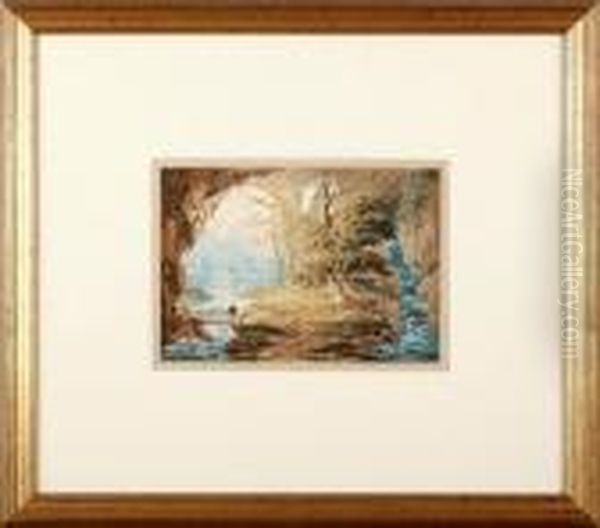 A Romantic Landscape With A Figure Crossing Arustic Bridge Oil Painting by William Payne