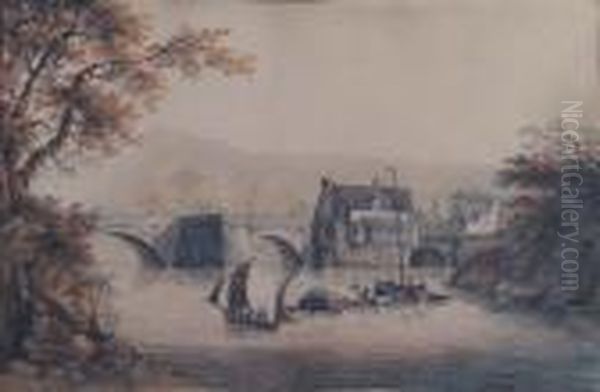 A River Landscape With Stone Bridge Oil Painting by William Payne