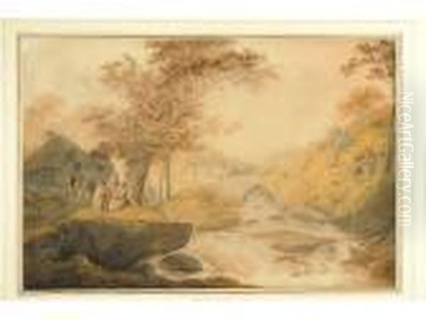 Country Folk By A Cottage Near A Rocky River Oil Painting by William Payne