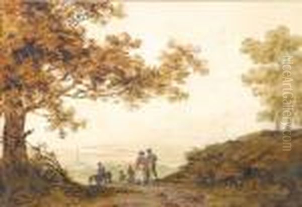 Figures Outside Acottage Travellers In A Landscape Oil Painting by William Payne