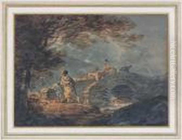 Figures By A Bridge Oil Painting by William Payne