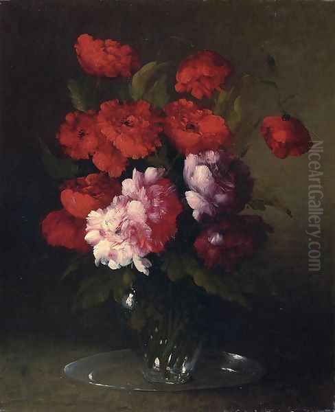 Peonies and Poppies in a Glass Vase Oil Painting by Theodule Augustine Ribot