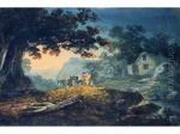 Figures With Two Ponies In A Landscape Oil Painting by William Payne