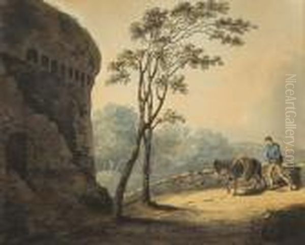 Boy And Donkey On Path Beside A Ruined Tower Oil Painting by William Payne