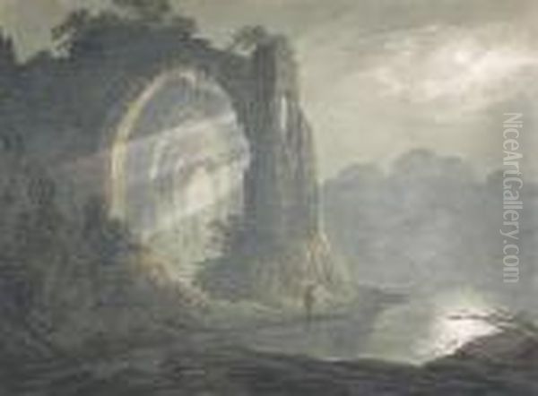 A Figure Near A Ruin In Moonlight Oil Painting by William Payne