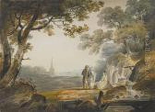 Villagers Near A Washing Place C. 1810 Oil Painting by William Payne