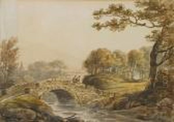 Figures Crossing A Bridge Oil Painting by William Payne