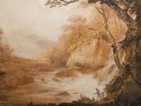 A Fisherman Presenting A Catch At The Foot Of A Waterfall Oil Painting by William Payne