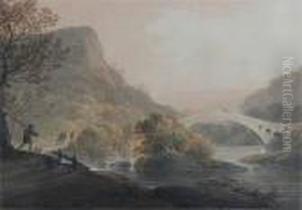 Rural Landscape With Figures By A Stone Bridge Oil Painting by William Payne