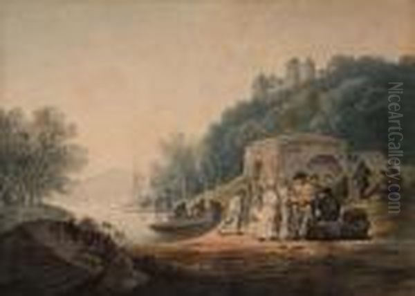 Pentille Castle On The Tamar,cornwall, A Lime Kiln And Figures In The Foreground Oil Painting by William Payne