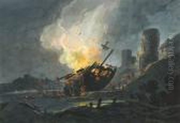 Ttributed To. Nocturnal Coastal Scene With A Burning Shipwreck Oil Painting by William Payne