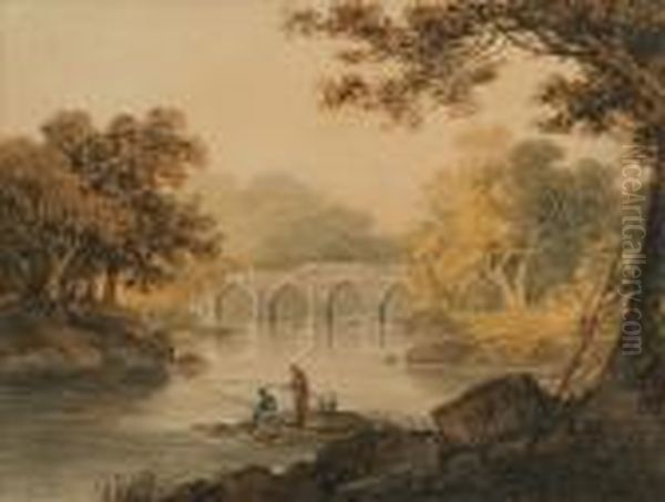 Bridge Withfisherman In The Foreground Oil Painting by William Payne