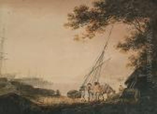 Figures Conversing On The Shore Of A Coastal Village Oil Painting by William Payne