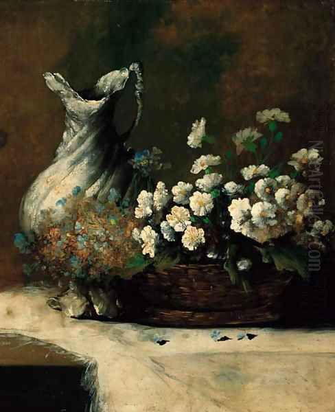 A basket of summer flowers and a waterjug on a table Oil Painting by Theodule Augustine Ribot